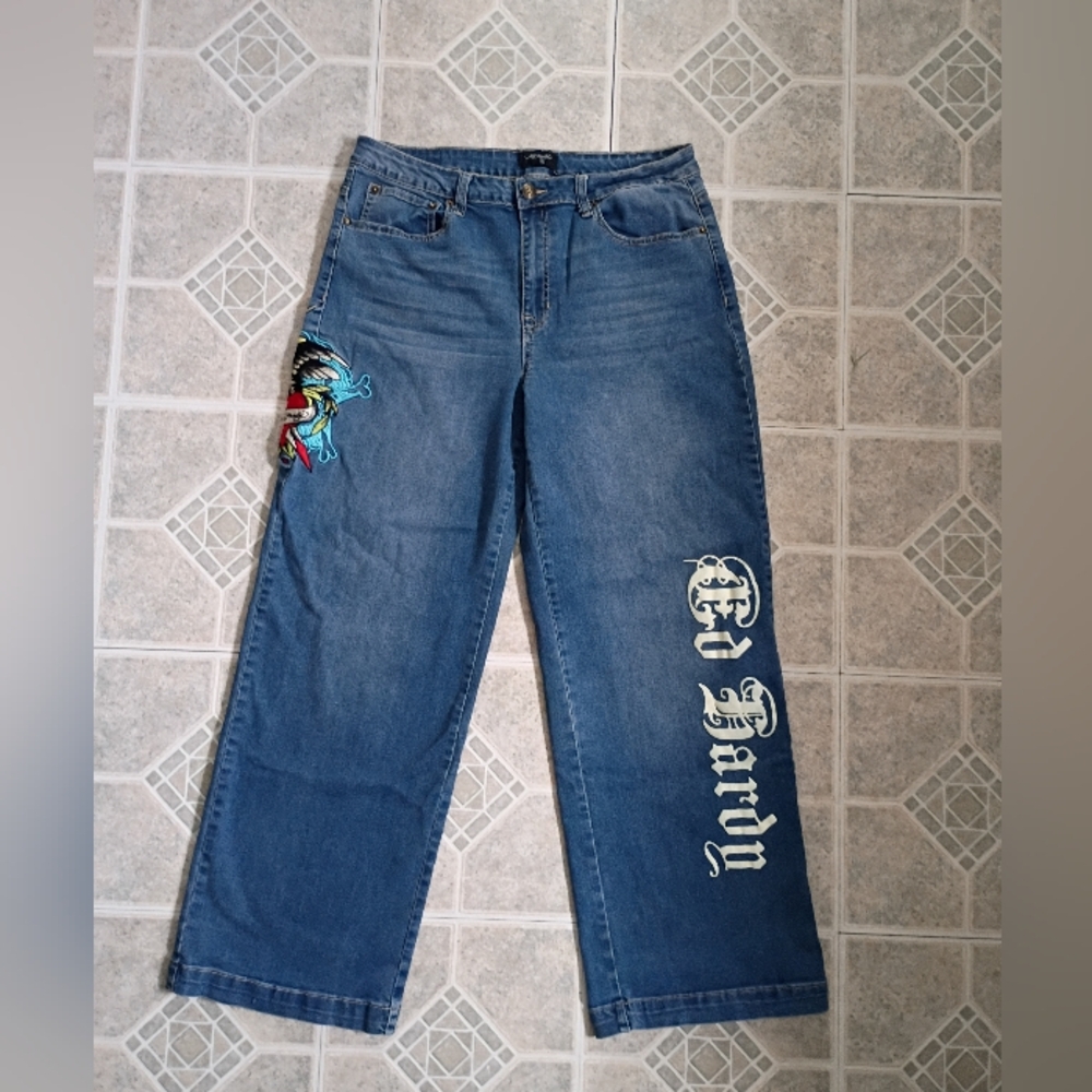 Ed Hardy Straight Leg Jeans with Embroidered Design